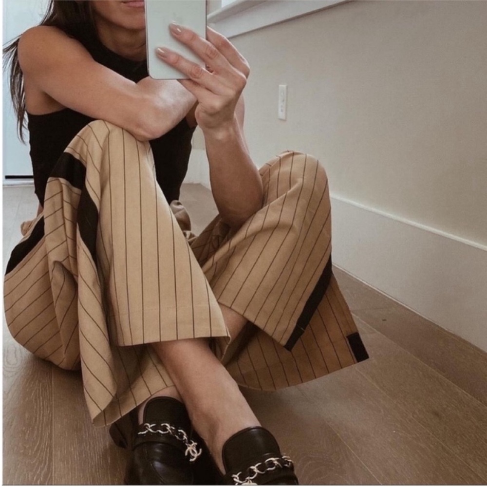 La Ligne Pinstripe Tuxedo Stripe Tan And Black Trousers Side Slit NWOT Med / Lg